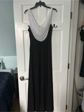 Elegant Black Evening Gown with White Beaded Cowl Neck